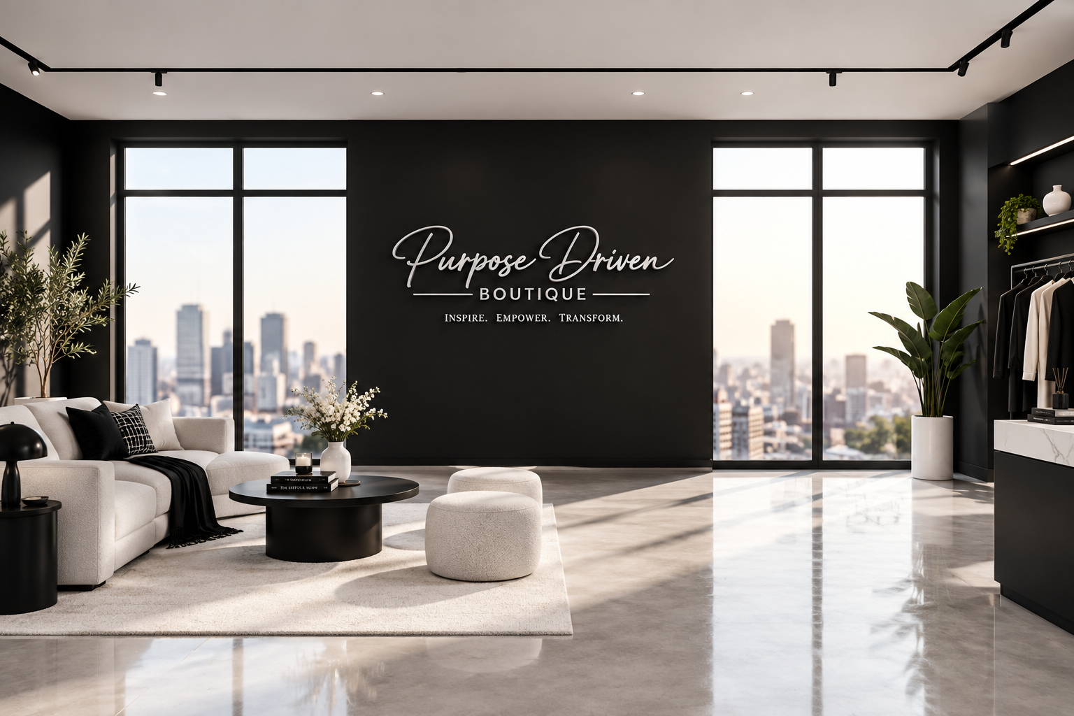 Modern living room with Purpose Driven Mama wall art and city view